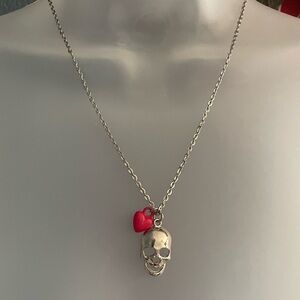 Silver Occult Gothic Emo Witch Vamp Skull Pendant Necklace Pink Heart Charm Y2K